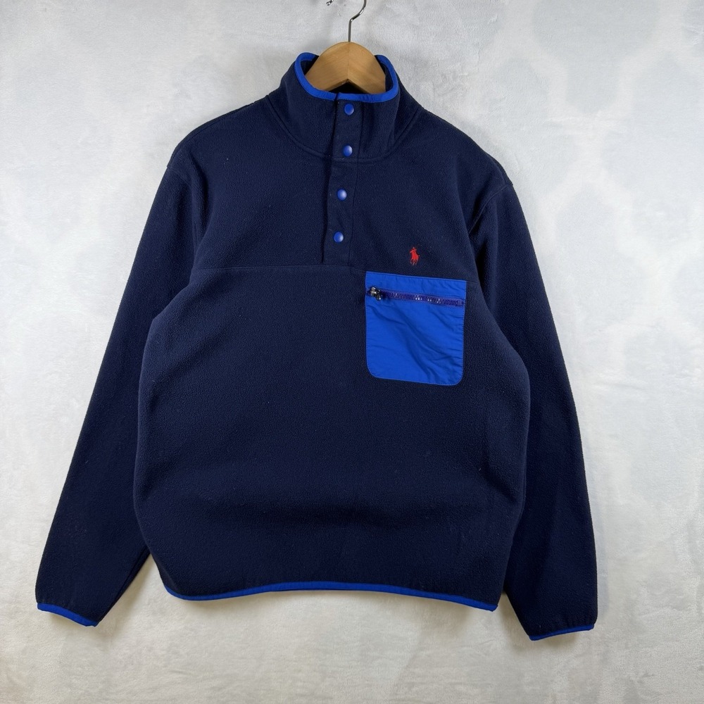 Polo Ralph Lauren Fleece Pullover Mens Small Blue Snap Button Pocket